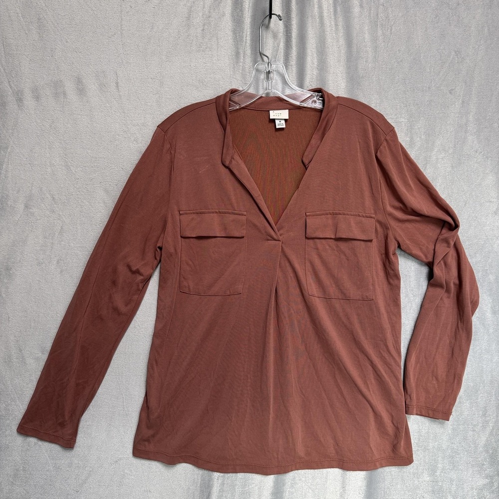 A New Day Shirt Womens Medium Brown Split Neck Long Sleeve Modal Blend Blouse